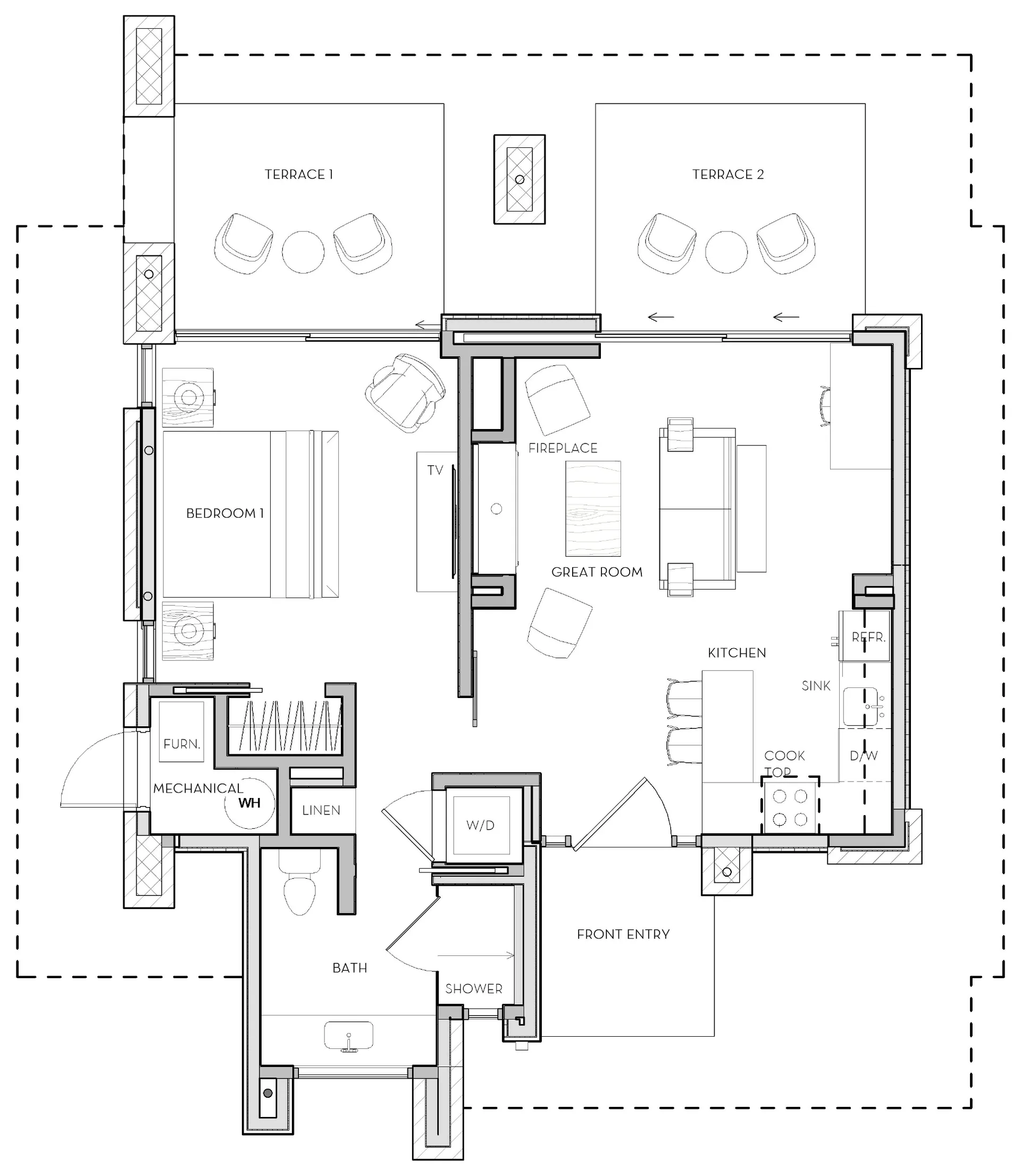 Amethyst floor plan: king bedroom and bathroom on one side, the great room, fireplace and kitchen on the other, and two terraces across the back