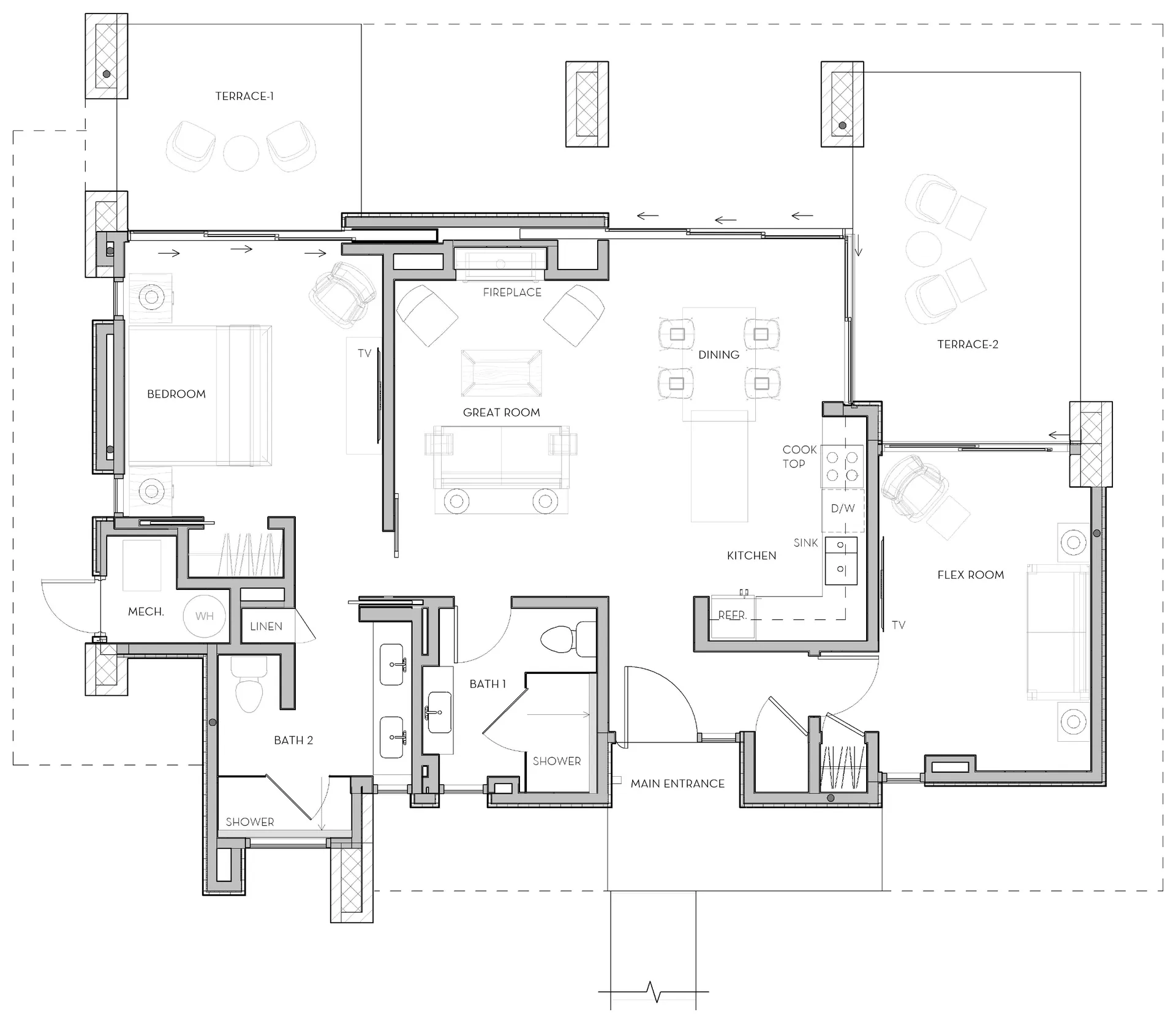 Basalt floor plan: king bedroom and main bath on the left, the great room with fireplace and dining in the middle, the kitchen and second bedroom on the right, a second bath by the entry, and two terraces