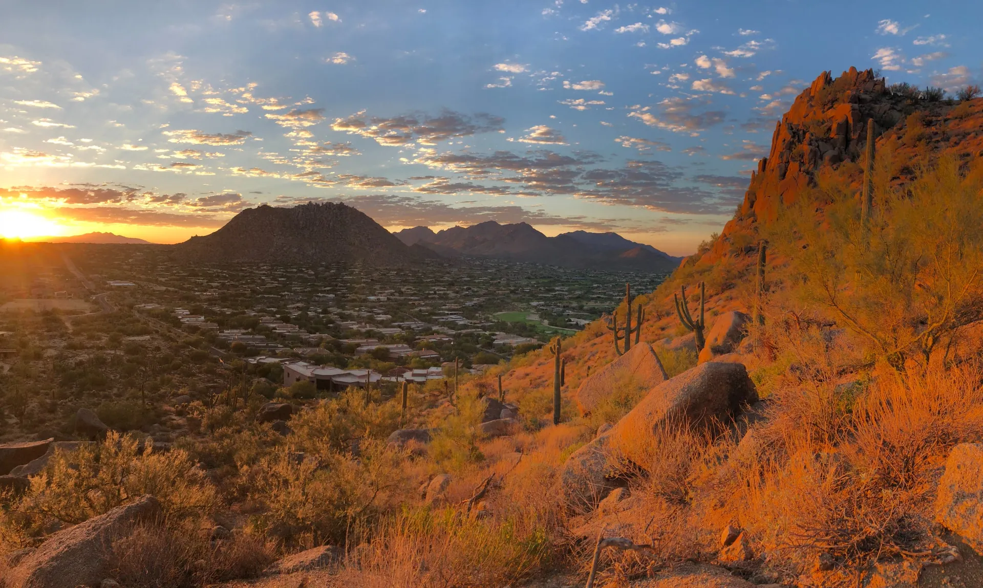 Sunset over North Scottsdale from a granite hillside, with saguaros and the McDowell foothills