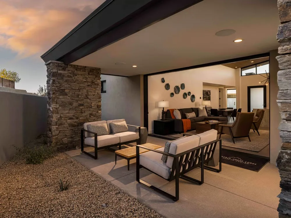 A casita's covered patio opening onto the great room